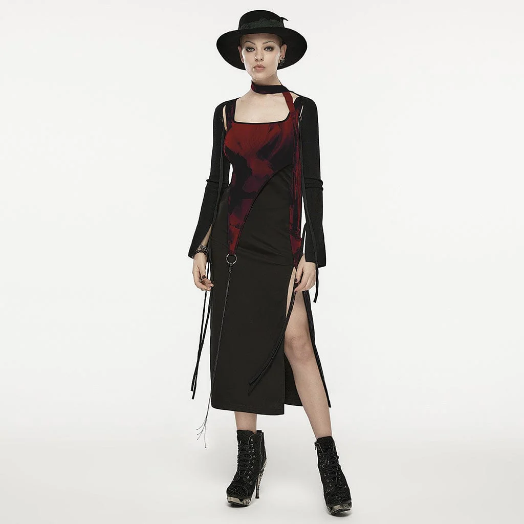 Women's Grunge Ink Printed Split Slip Dress with Neckwear - Image 2