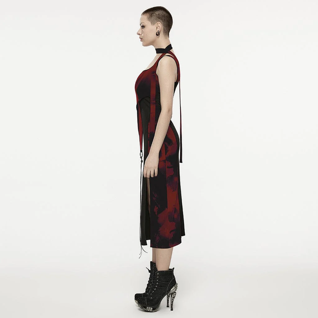 Women's Grunge Ink Printed Split Slip Dress with Neckwear - Image 3