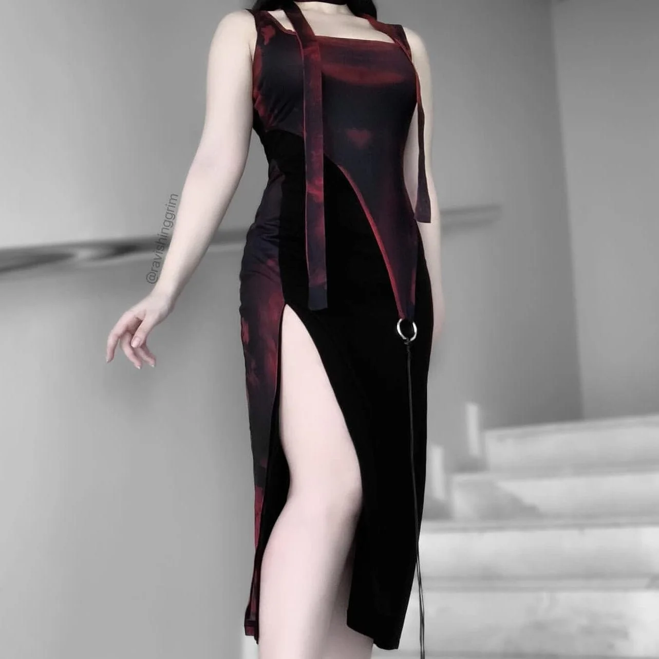 Women's Grunge Ink Printed Split Slip Dress with Neckwear - Image 5