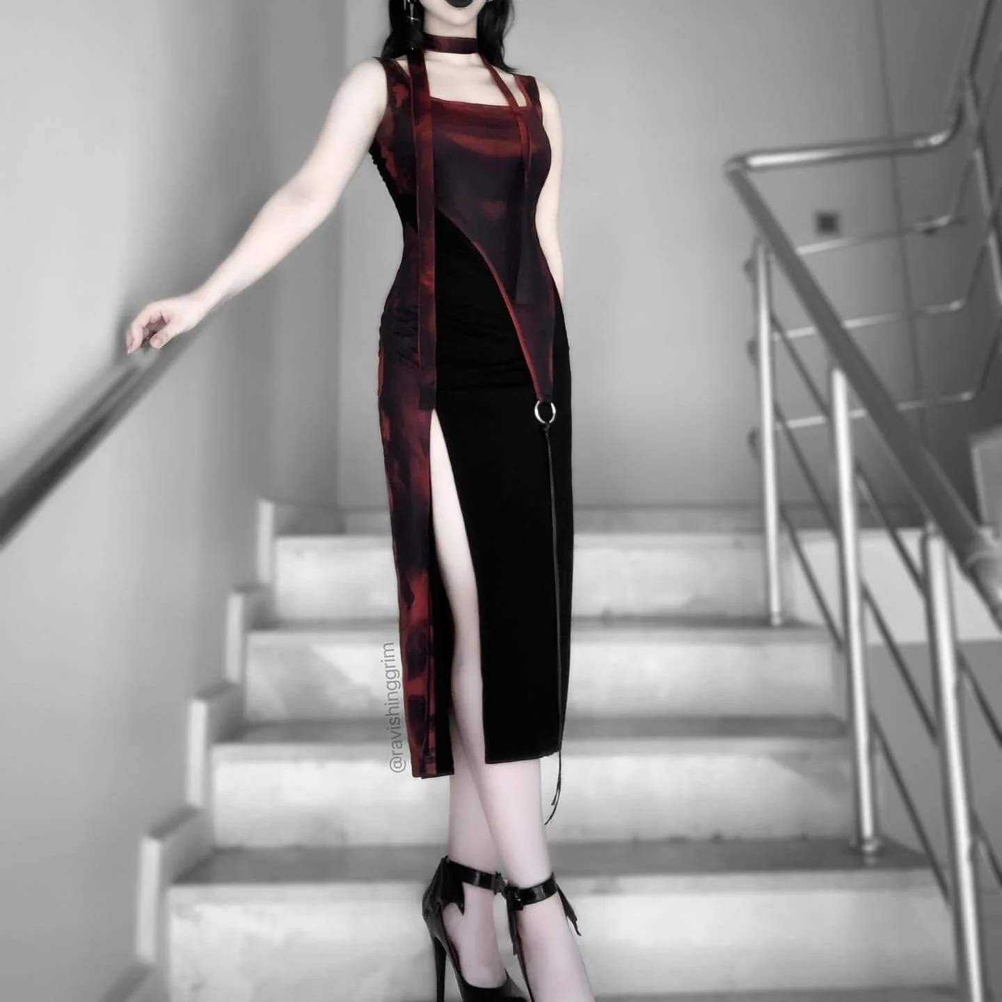 Women's Grunge Ink Printed Split Slip Dress with Neckwear - Image 6