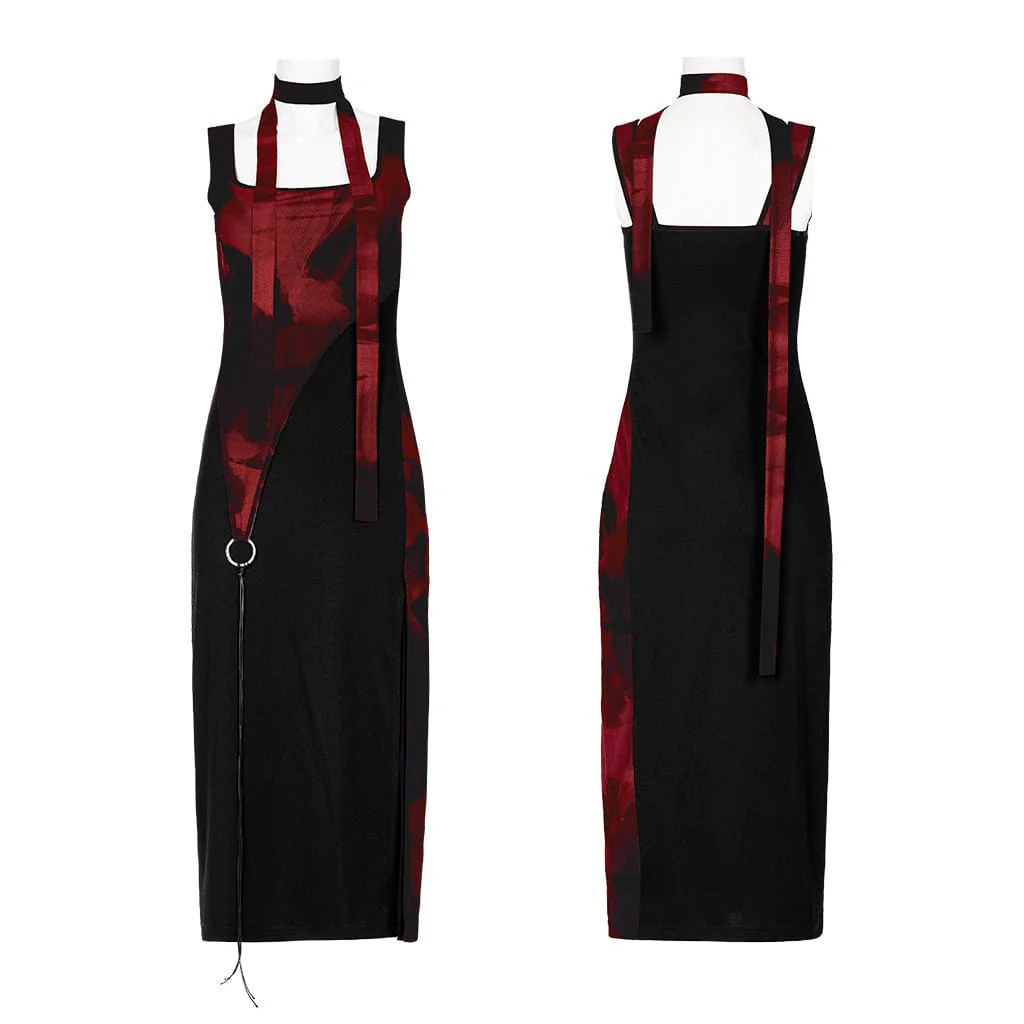 Women's Grunge Ink Printed Split Slip Dress with Neckwear - Image 7