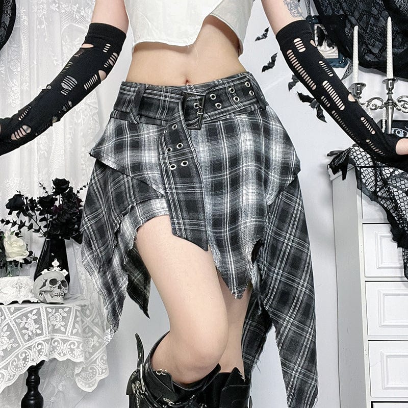 Women's Grunge Irregular Buckle Plaid Skirt - Image 3