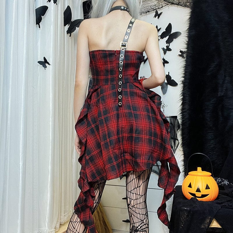 Women's Grunge Irregular Plaid Layered Dress - Image 6