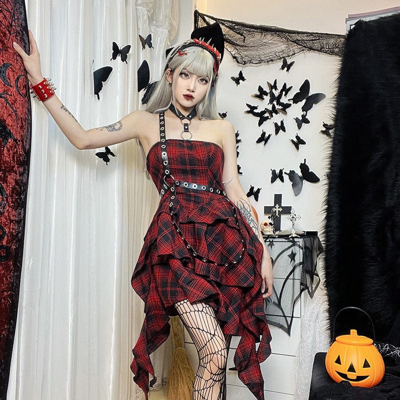 Women's Grunge Irregular Plaid Layered Dress - Image 7