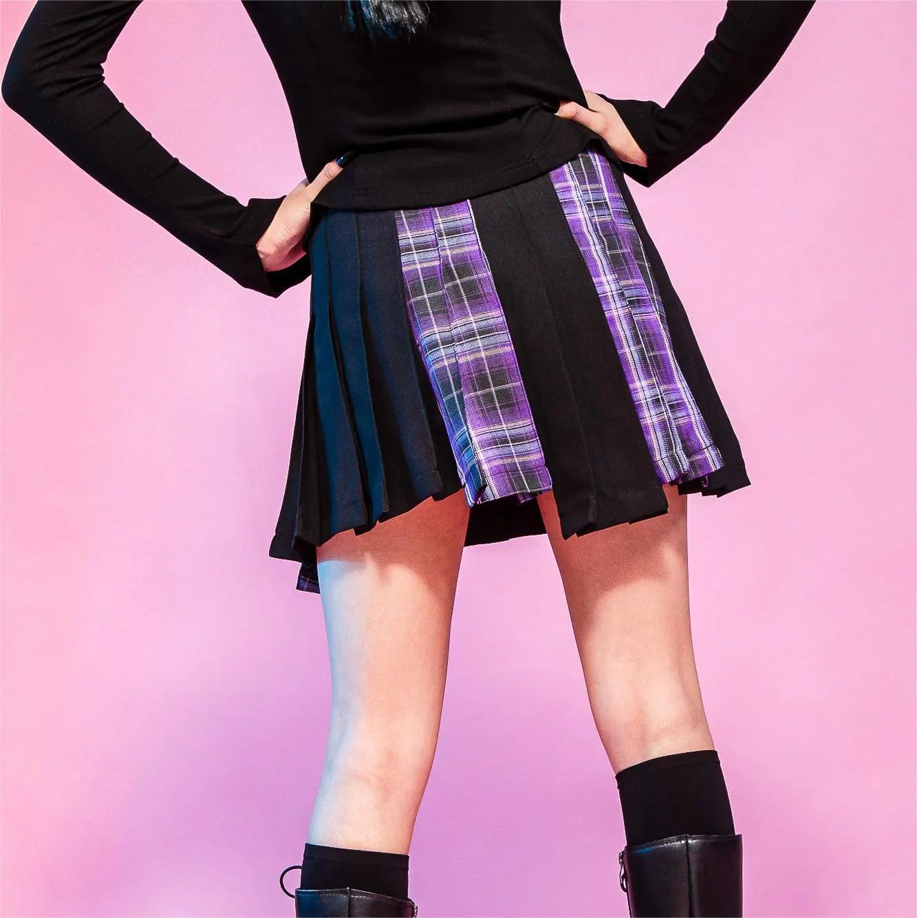 Women's Grunge Irregular Plaid Splice Pleated Skirt Purple - Image 4