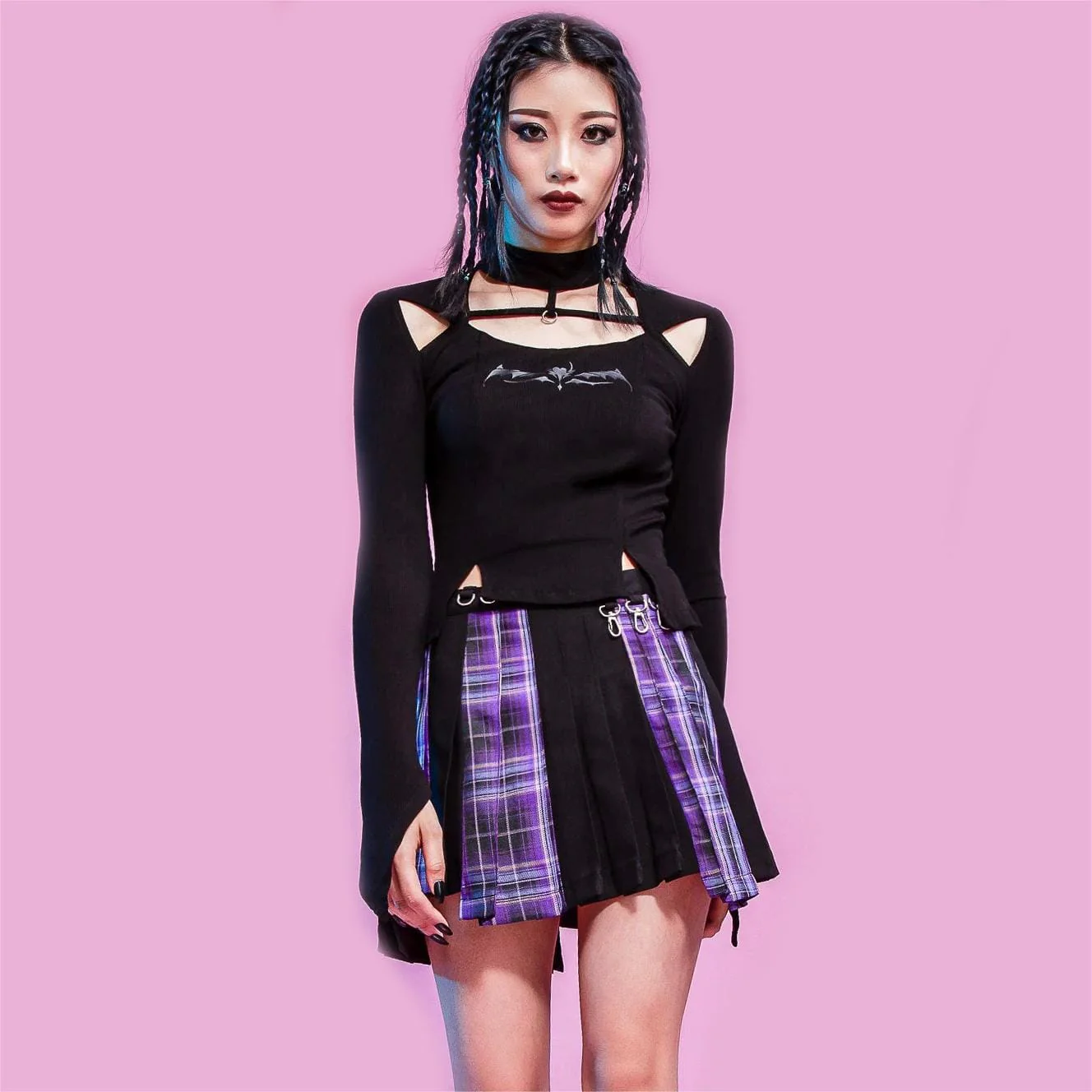 Women's Grunge Irregular Plaid Splice Pleated Skirt Purple - Image 5