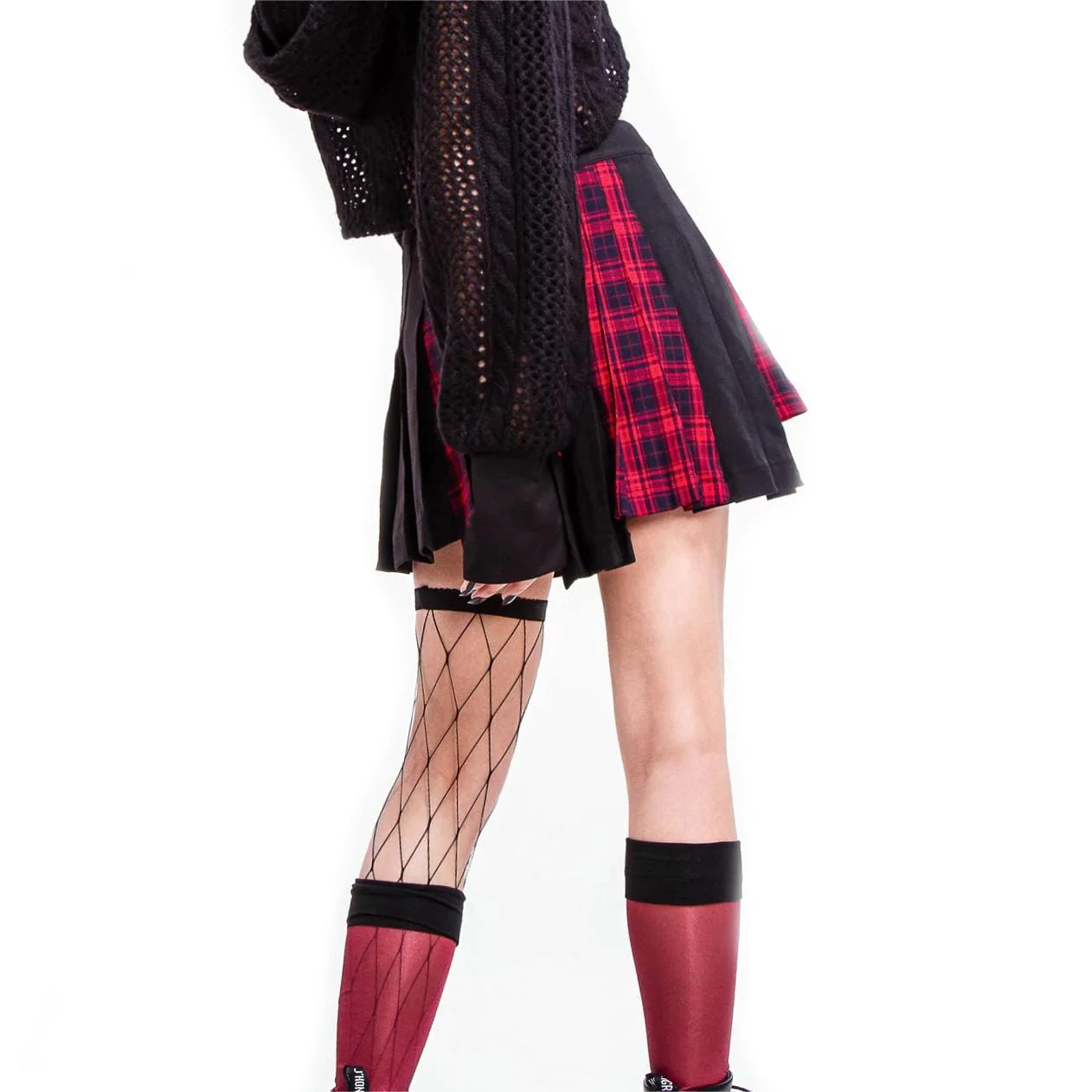 Women's Grunge Irregular Plaid Splice Pleated Skirt Red - Image 3