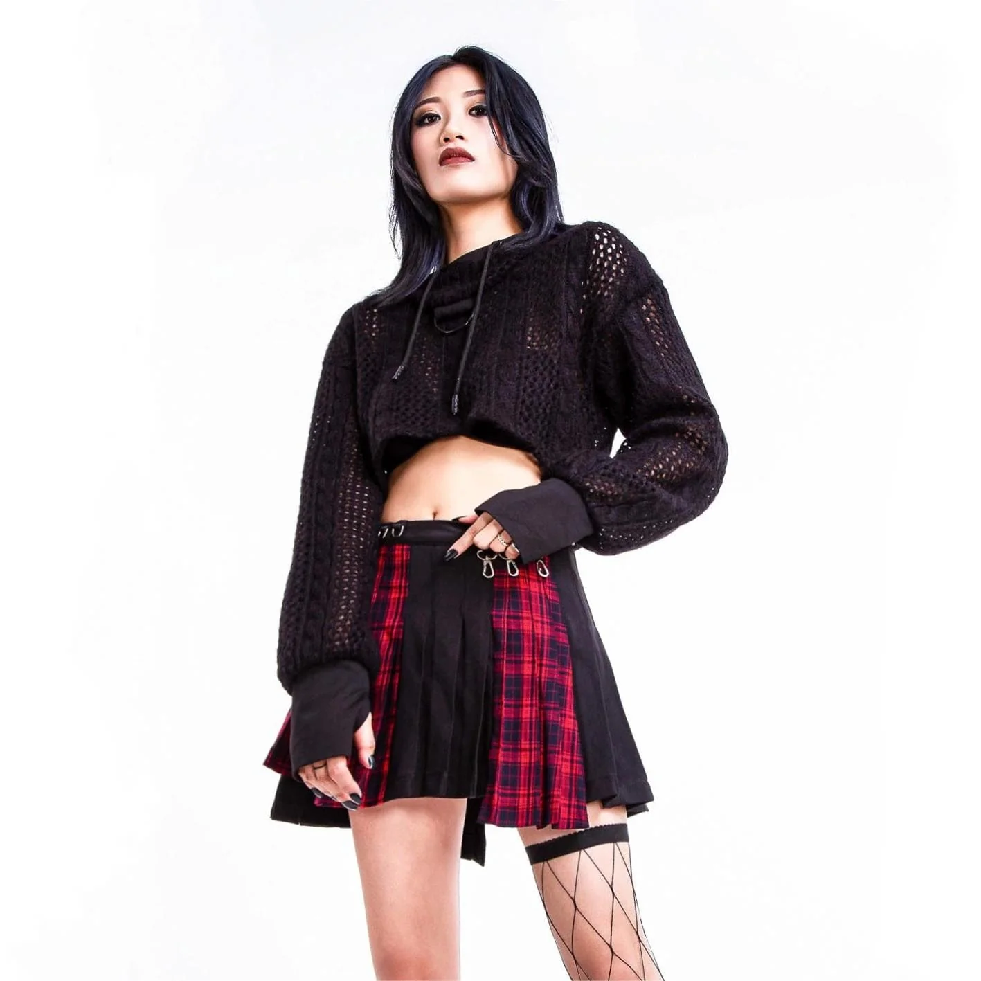 Women's Grunge Irregular Plaid Splice Pleated Skirt Red - Image 4