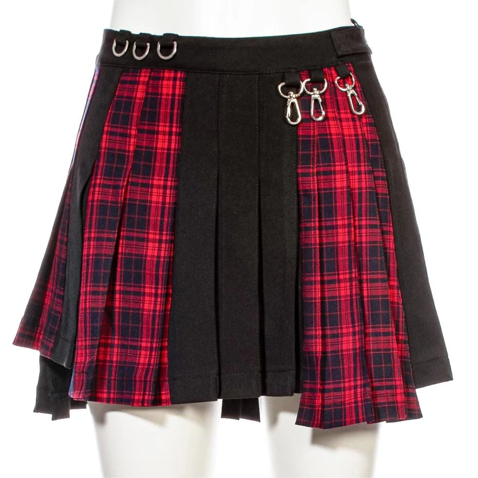 Women's Grunge Irregular Plaid Splice Pleated Skirt Red - Image 6