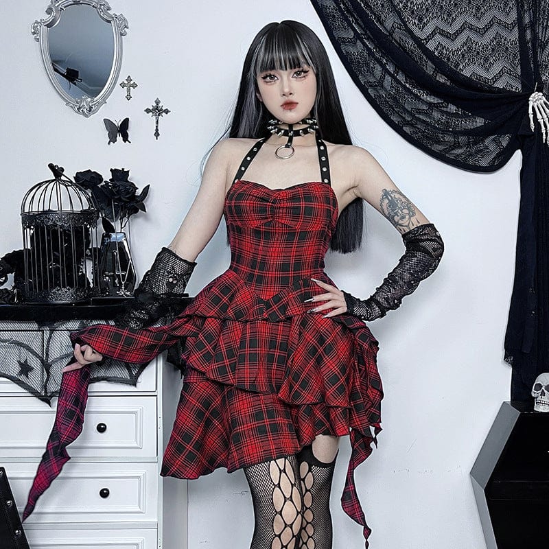 Women's Grunge Layered Halterneck Plaid Dress - Image 5