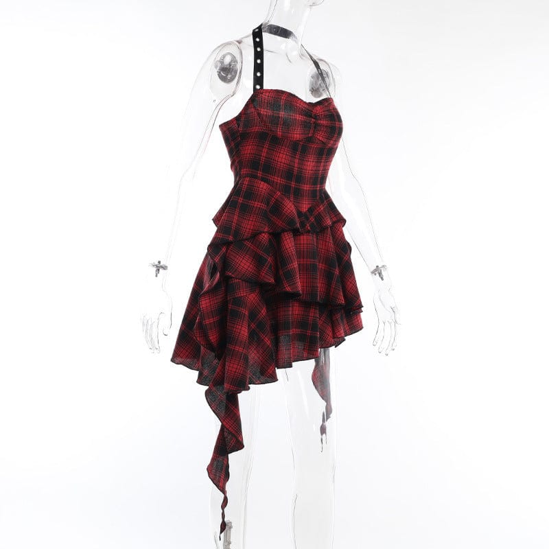 Women's Grunge Layered Halterneck Plaid Dress - Image 8