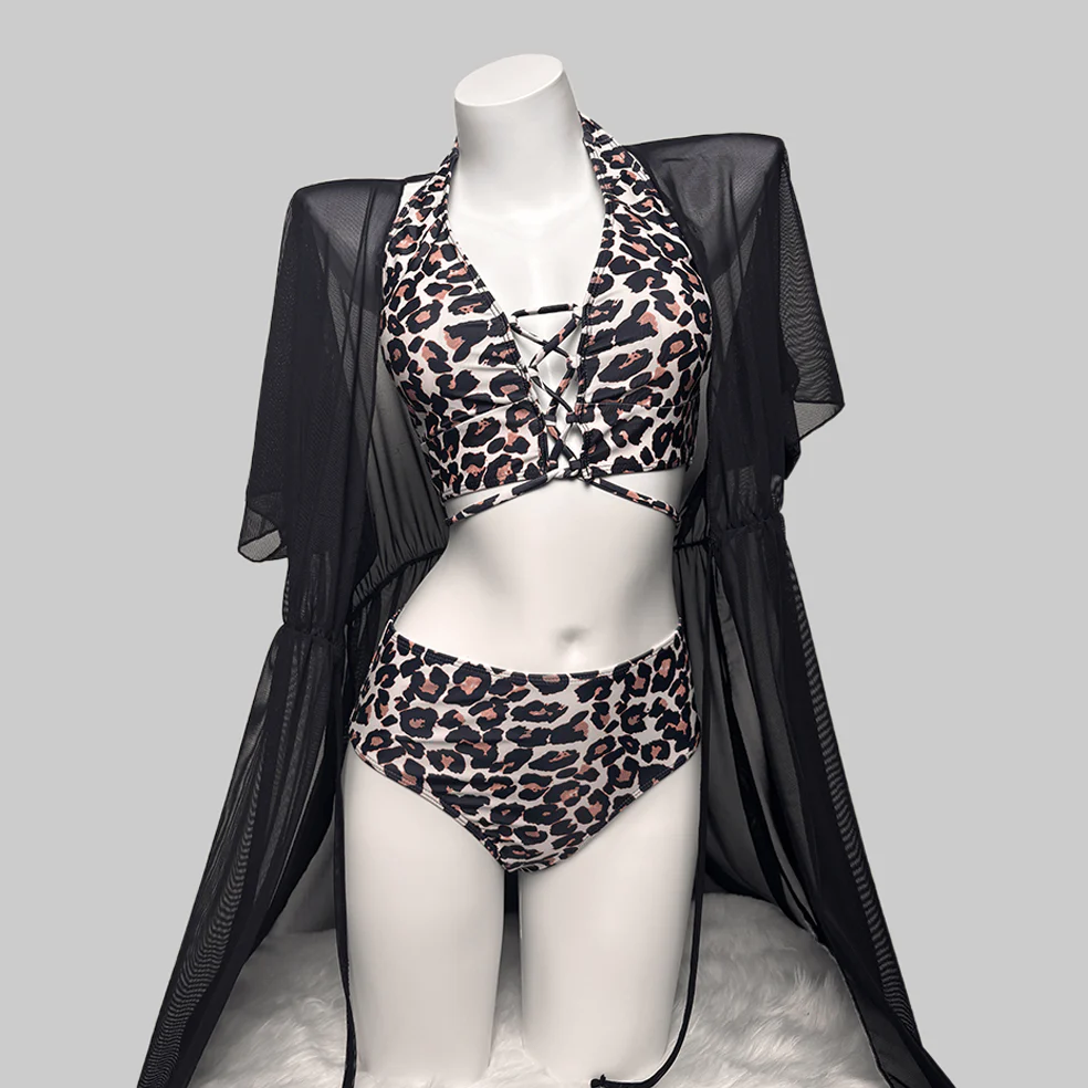 Women's Grunge Leopard Print Halter Bikini Set