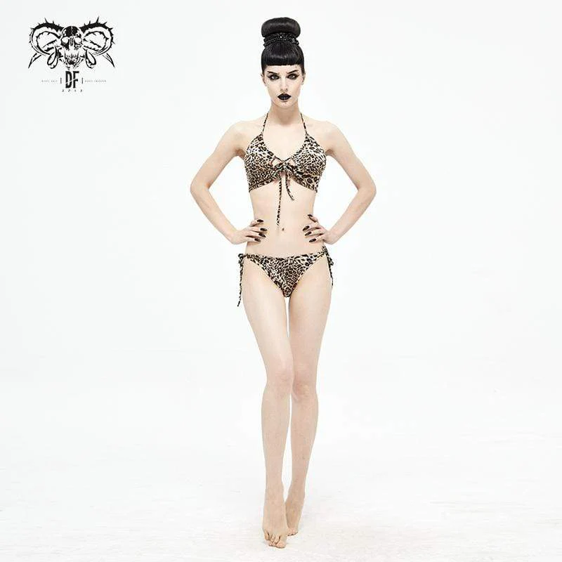Women's Grunge Leopard Printed Halterneck Side Tie Bikini - Image 4