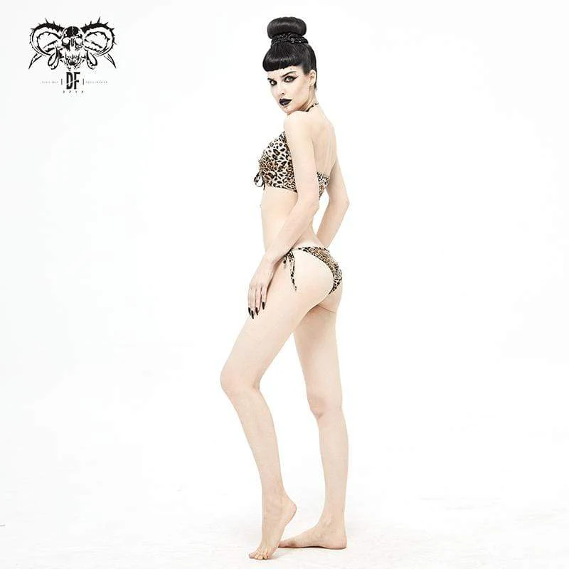 Women's Grunge Leopard Printed Halterneck Side Tie Bikini - Image 5