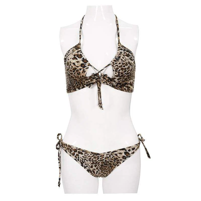 Women's Grunge Leopard Printed Halterneck Side Tie Bikini - Image 7
