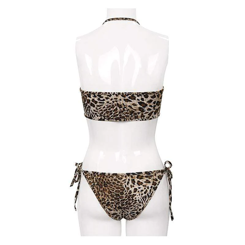 Women's Grunge Leopard Printed Halterneck Side Tie Bikini - Image 9
