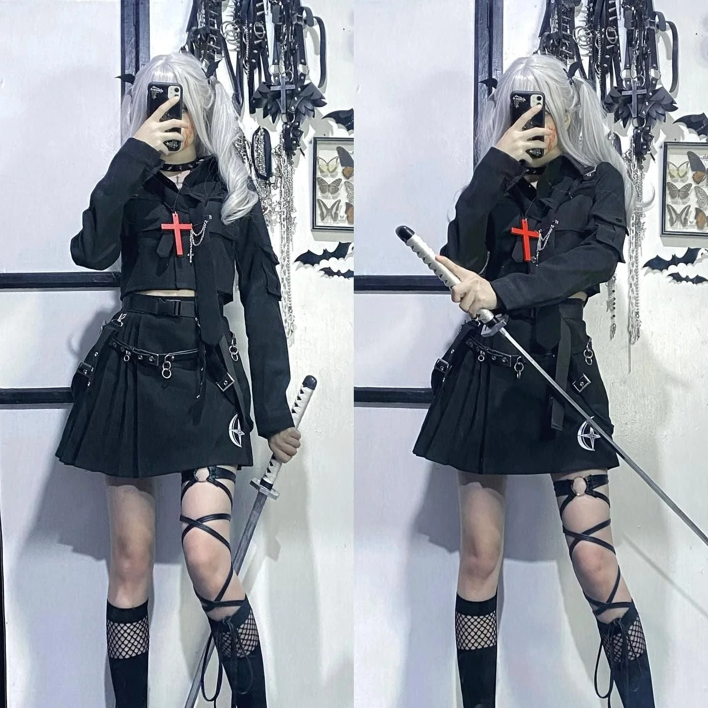 Women's Grunge Long Sleeved Black Suit with Belt - Image 11