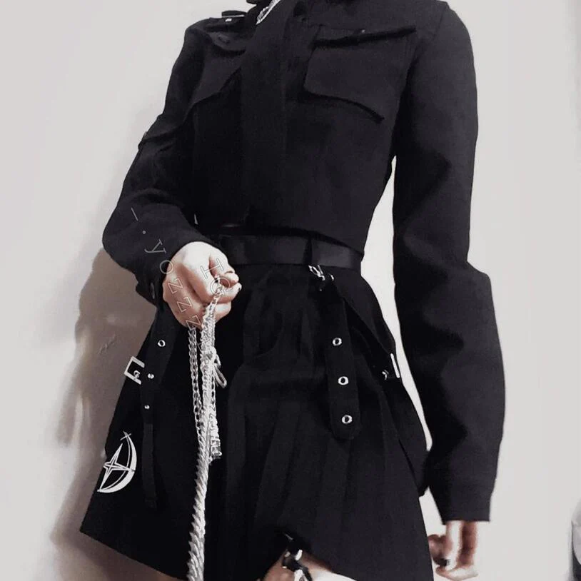 Women's Grunge Long Sleeved Black Suit with Belt - Image 6