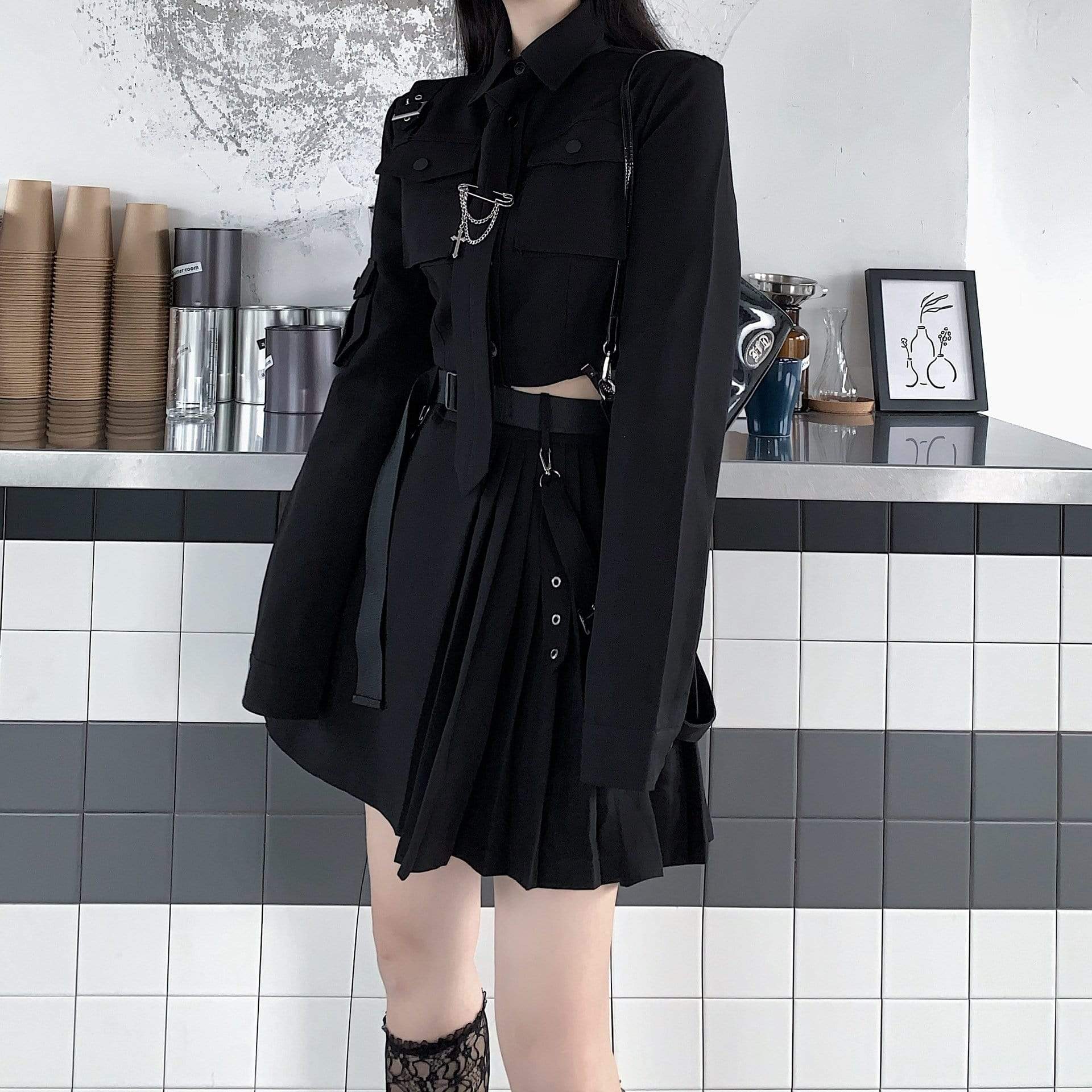 Women's Grunge Long Sleeved Black Suit with Belt - Image 8