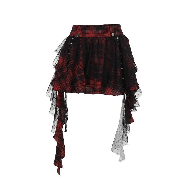 Women's Grunge Mesh Grid Bubble Short Skirt Red - Image 10