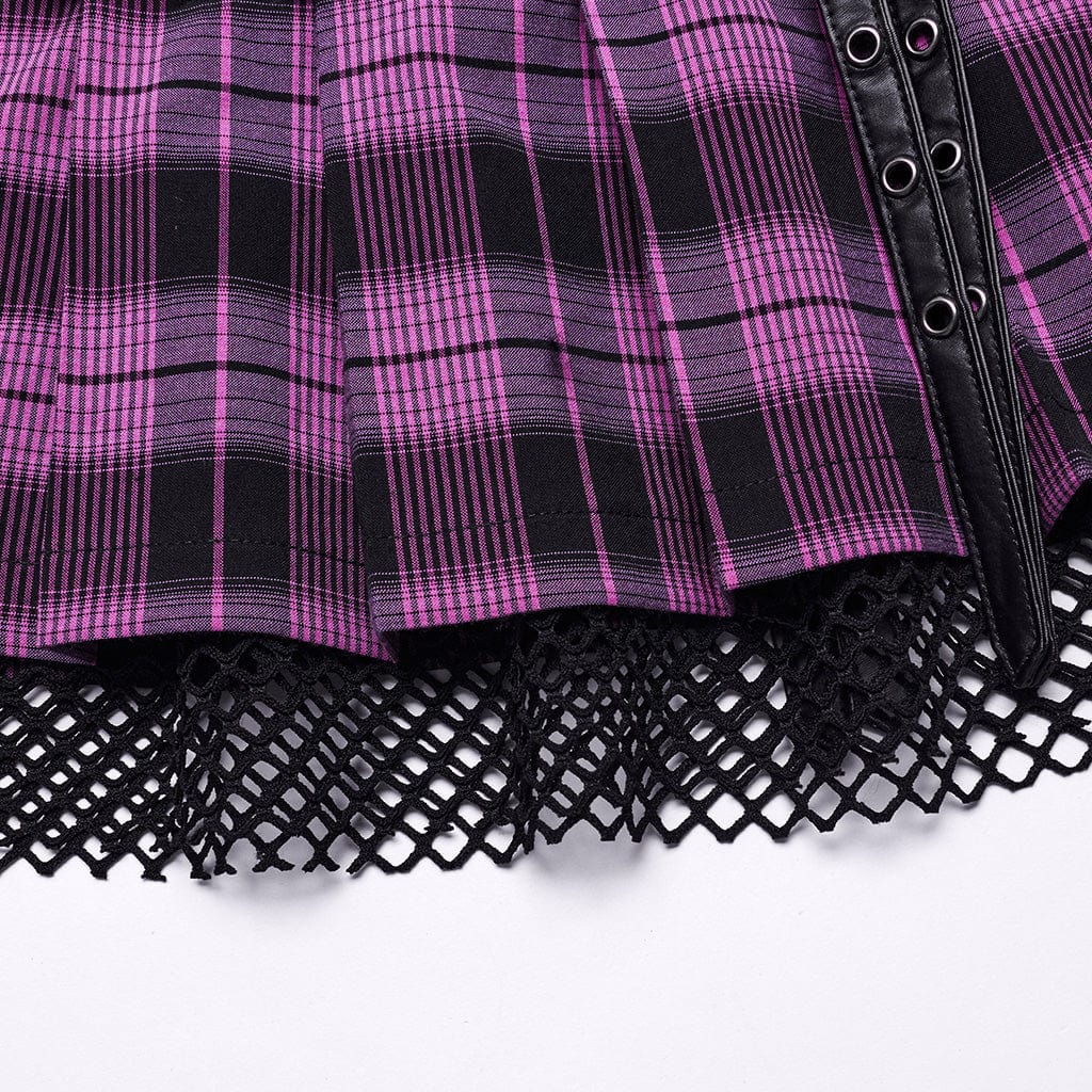 Women's Grunge Plaid Eyelet Mesh Ring Pleated Skirt Violet - Image 8