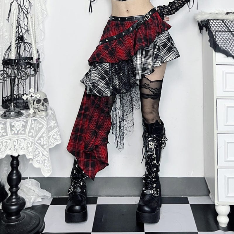 Women's Grunge Plaid Irregular Hem Skirt Black Red - Image 2
