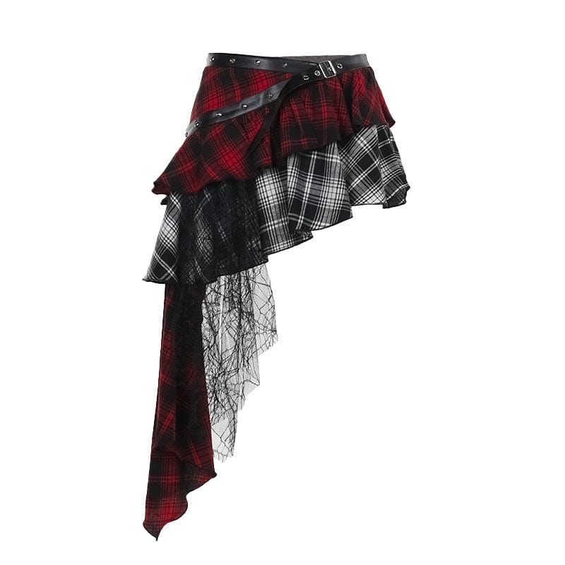 Women's Grunge Plaid Irregular Hem Skirt Black Red - Image 7
