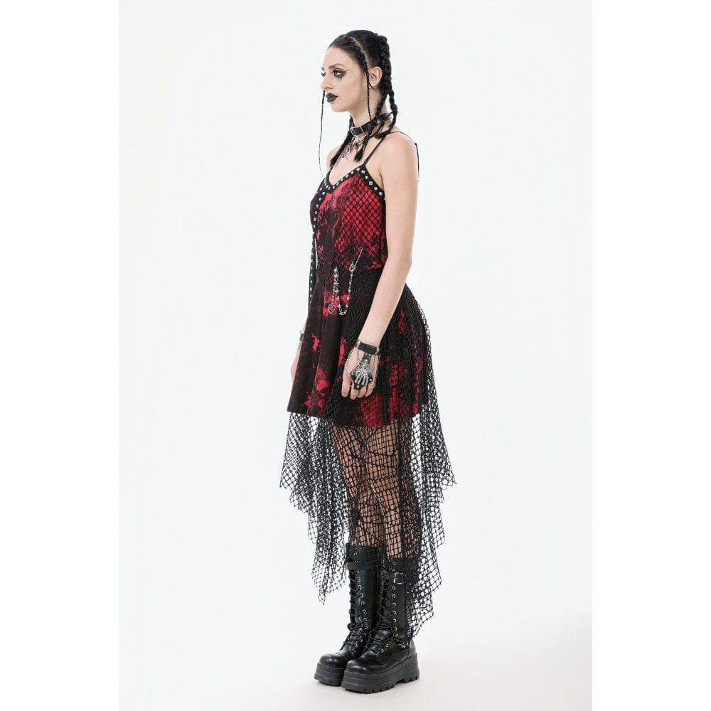 Women's Grunge Red Tie-dye Slip Dress with Mesh Hem - Image 12