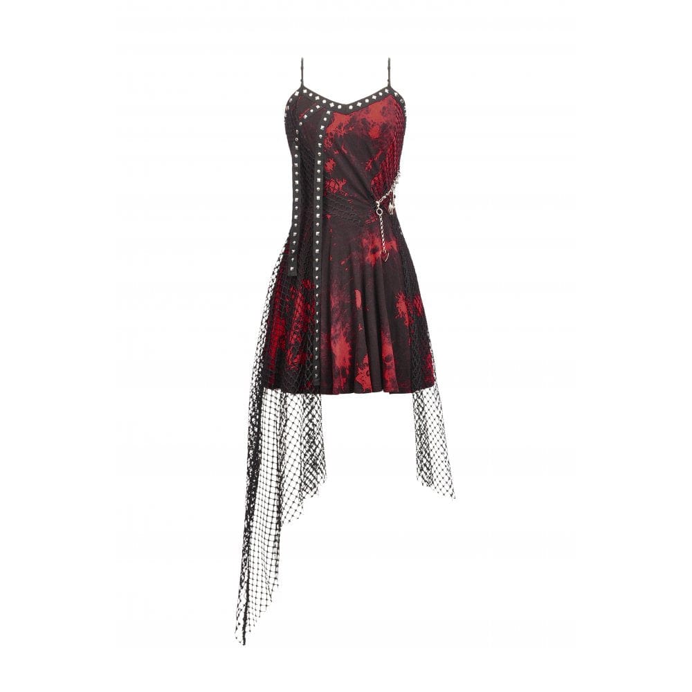 Women's Grunge Red Tie-dye Slip Dress with Mesh Hem - Image 14