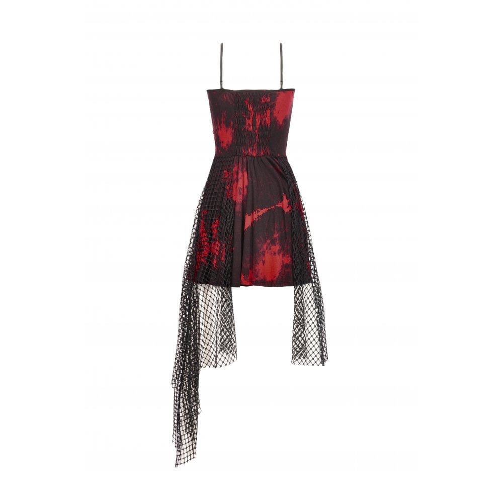 Women's Grunge Red Tie-dye Slip Dress with Mesh Hem - Image 15