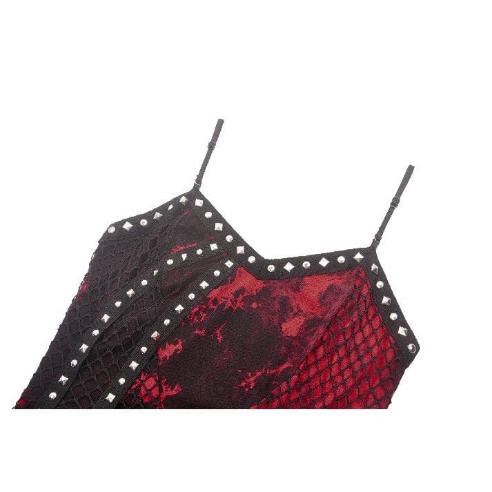 Women's Grunge Red Tie-dye Slip Dress with Mesh Hem - Image 16