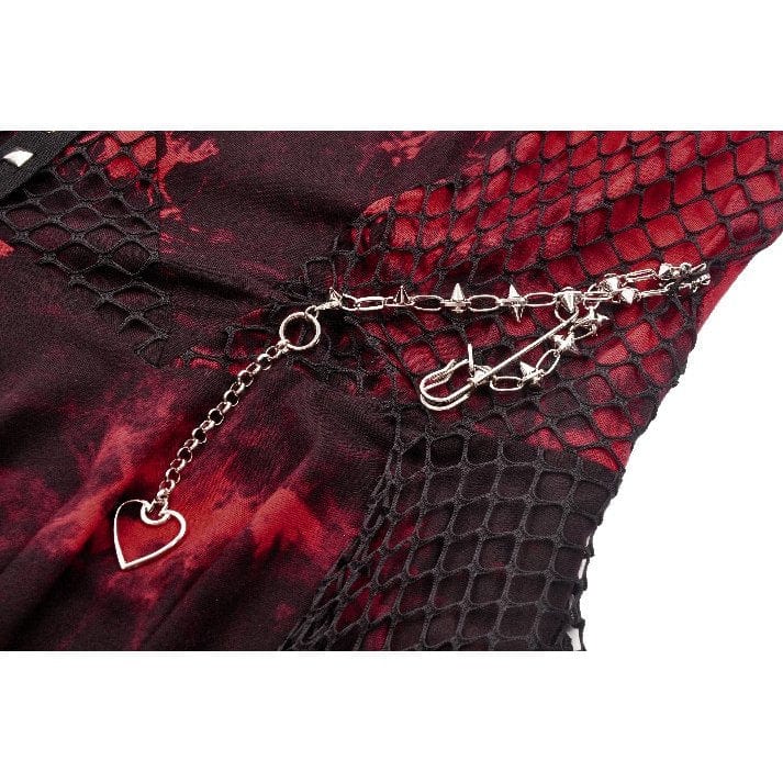 Women's Grunge Red Tie-dye Slip Dress with Mesh Hem - Image 18