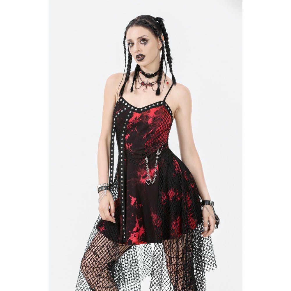 Women's Grunge Red Tie-dye Slip Dress with Mesh Hem - Image 3