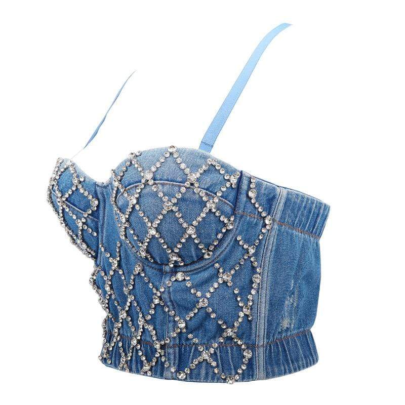 Women's Grunge Rhomboid Beads Denim Bustiers - Image 2