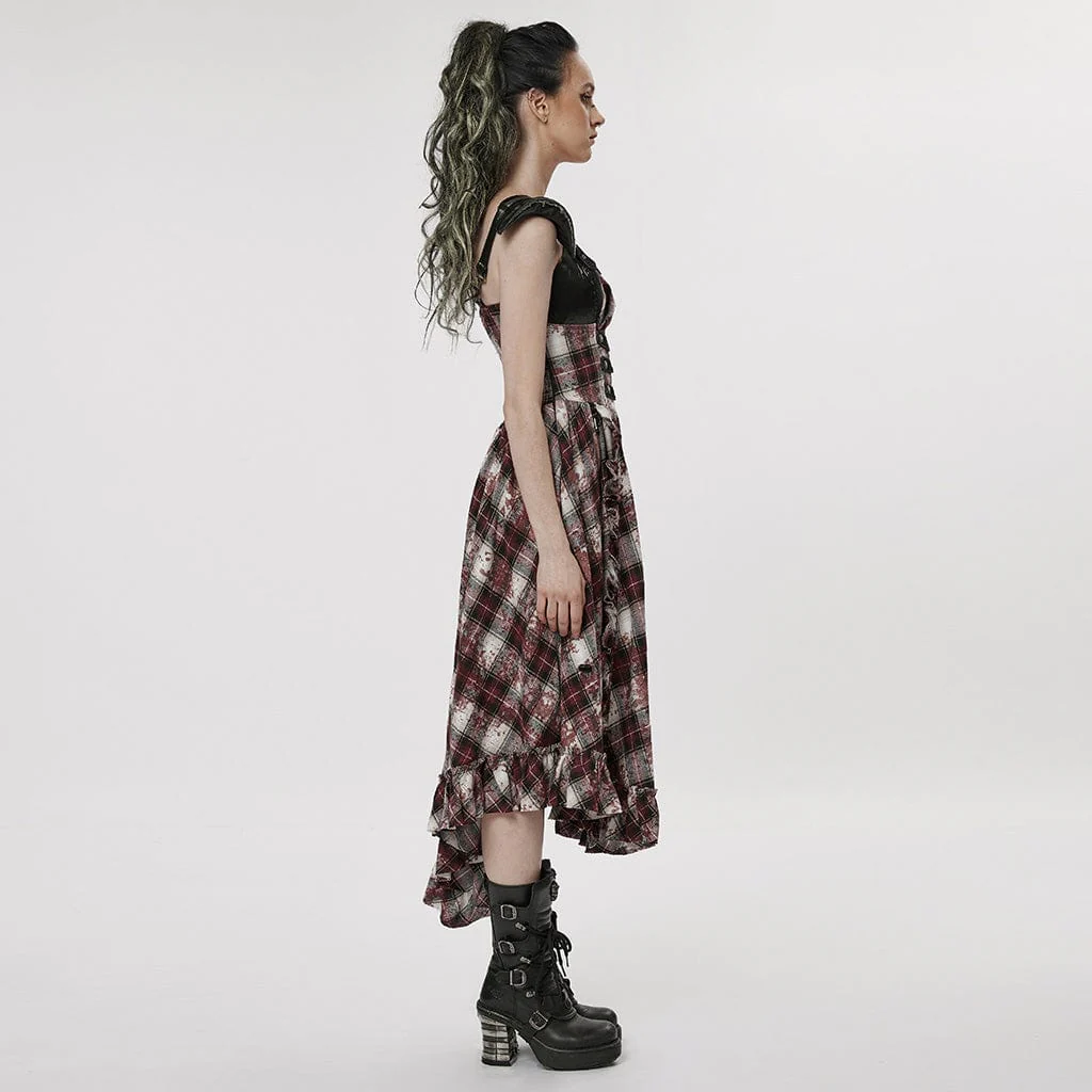 Women's Grunge Ruffled Plaid Dress with Shoulder Pad - Image 3