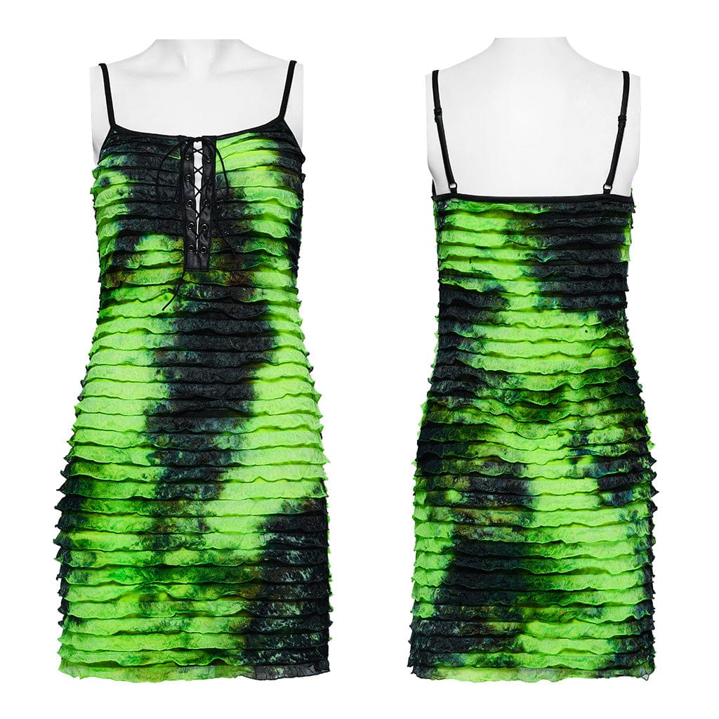Women's Grunge Ruffled Tie-dyed Slip Dress Green - Image 5
