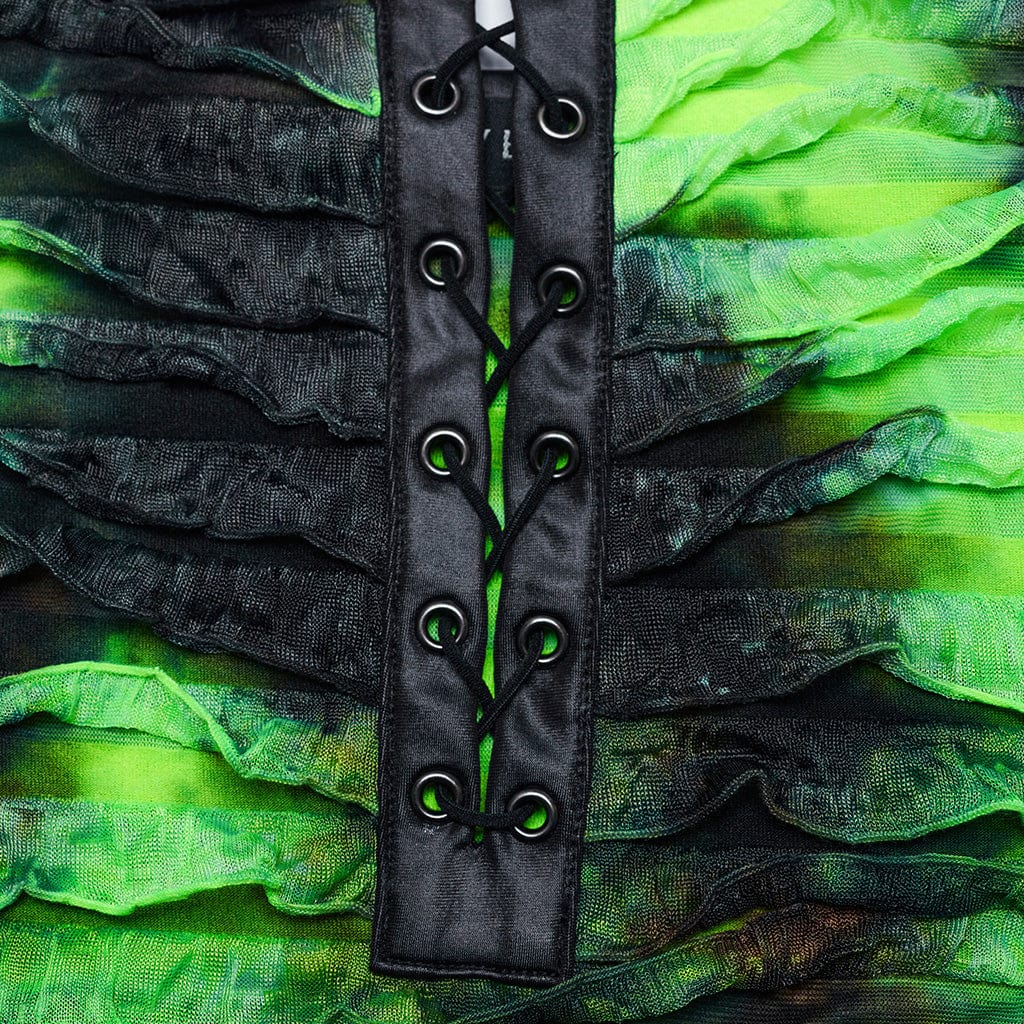 Women's Grunge Ruffled Tie-dyed Slip Dress Green - Image 6