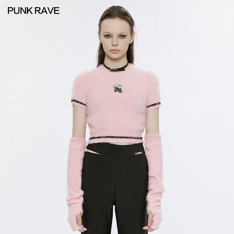 Women's Grunge Skulls Embroidered Fluffy Crop Top with Oversleeves - Image 5