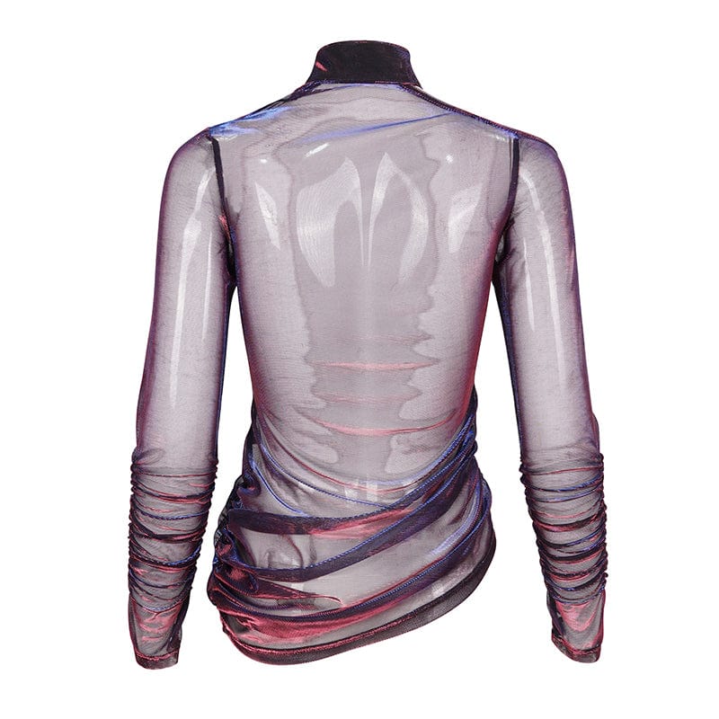 Women's Grunge Slash Shoulder Chromatic Sheer Shirt - Image 10