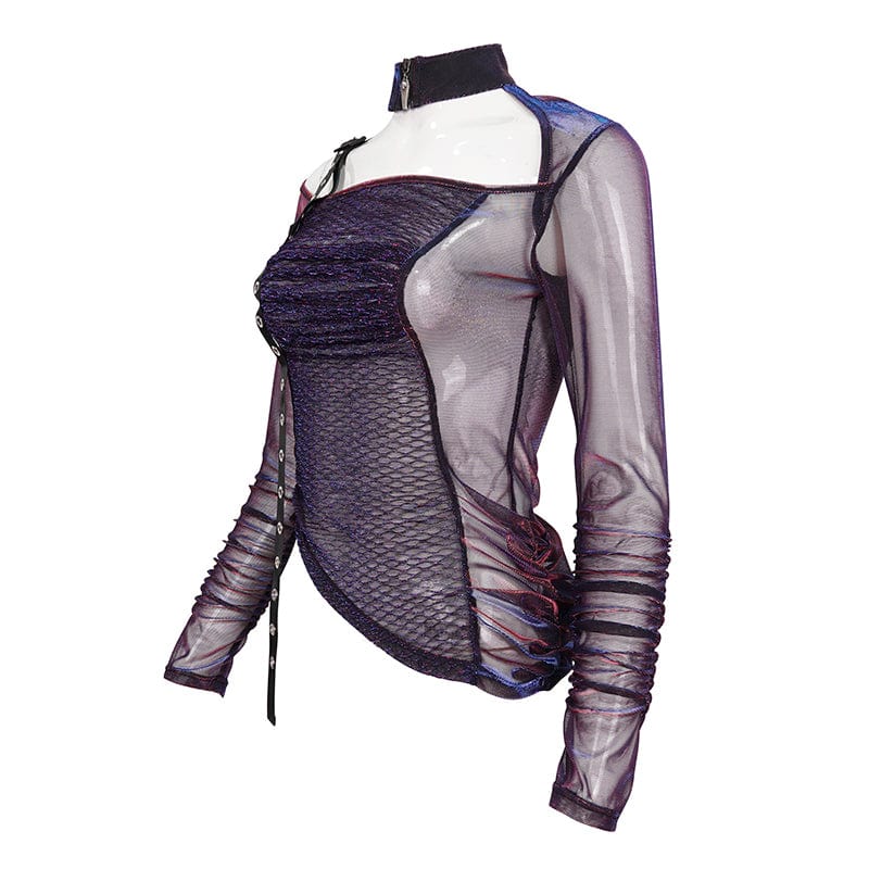 Women's Grunge Slash Shoulder Chromatic Sheer Shirt - Image 8