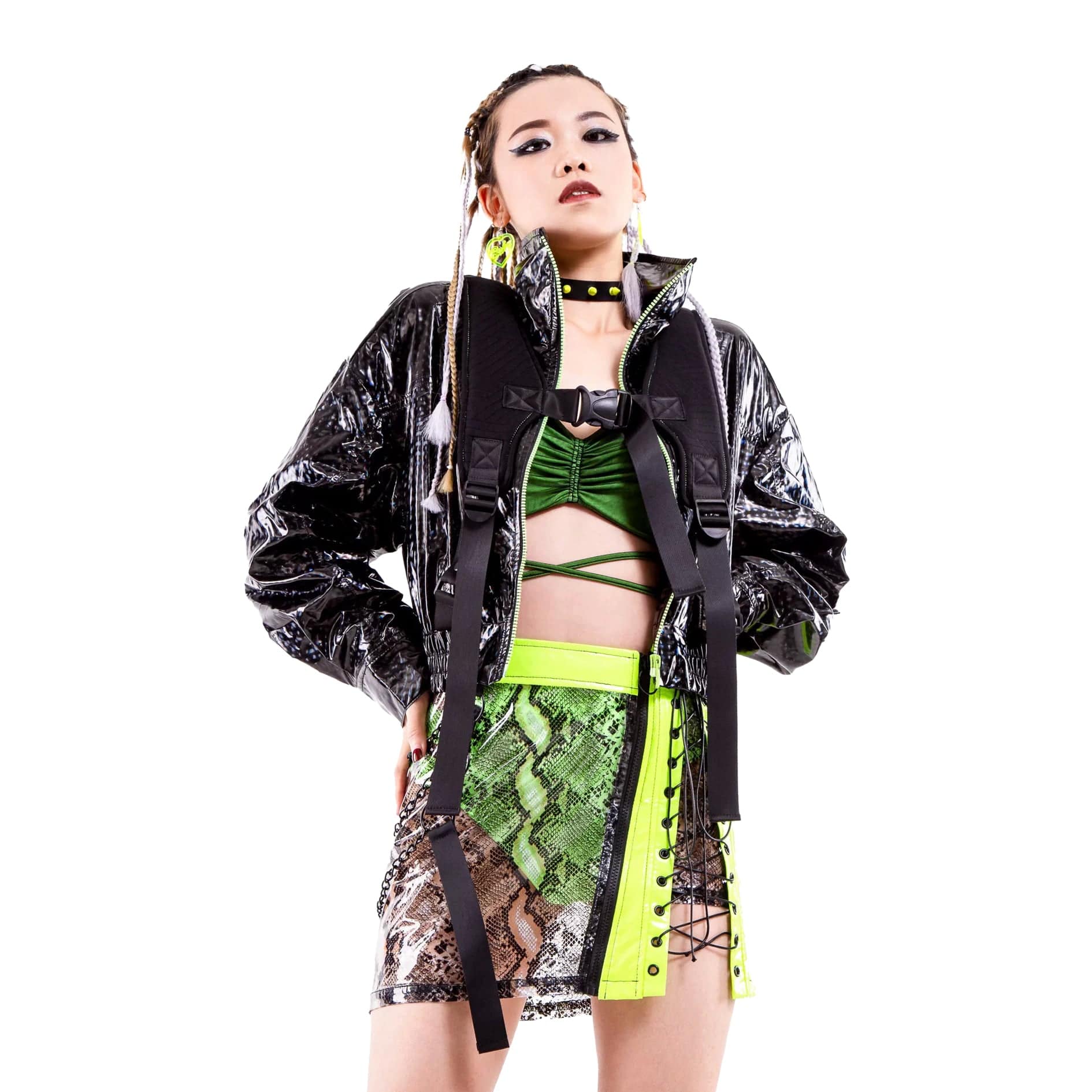 Women's Grunge Snakeskin Printed Splice Faux Leather Skirt - Image 2