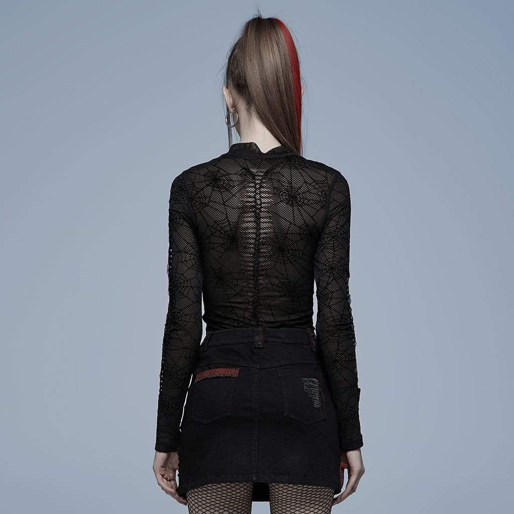 Women's Grunge Spider Web Printed Mesh Top - Image 4