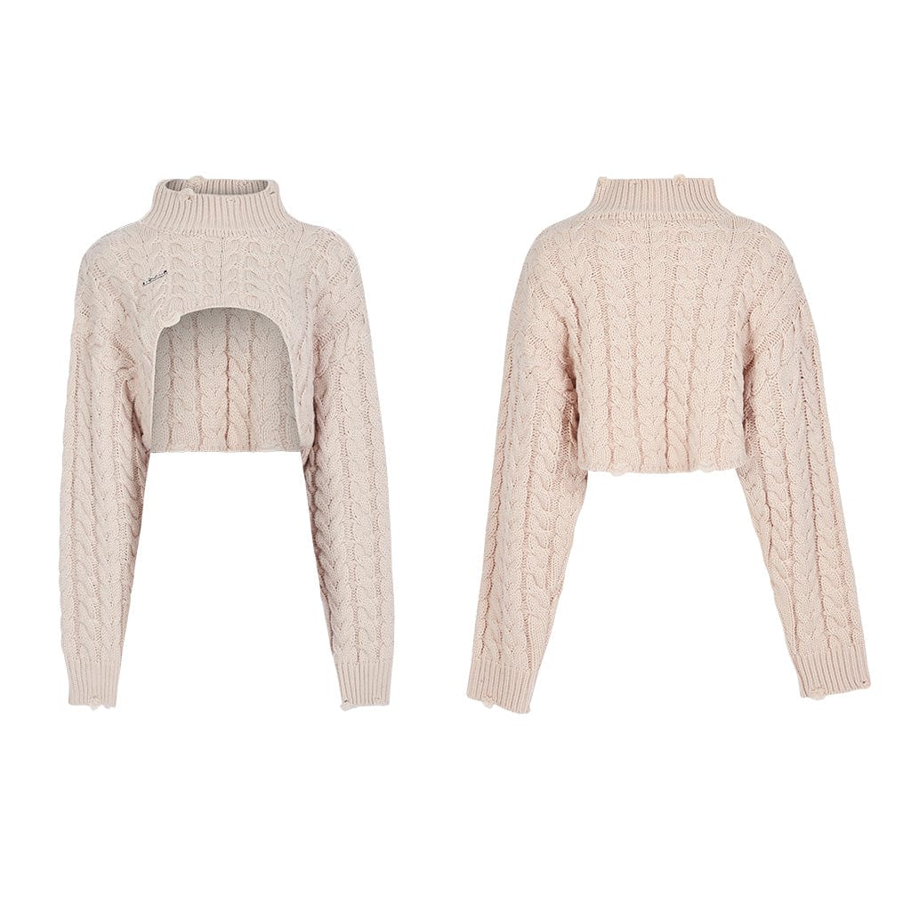 Women's Grunge Stand Collar Cable Knitted Short Sweater - Image 10