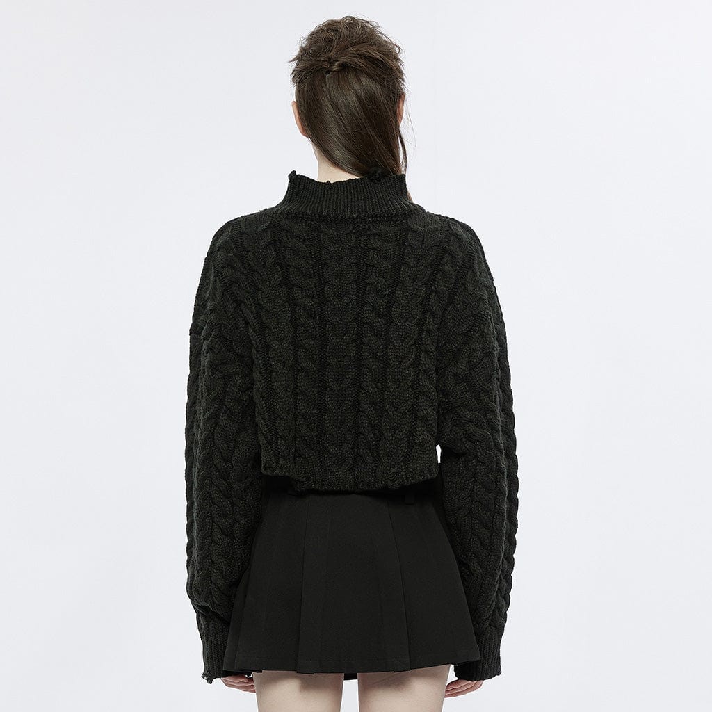 Women's Grunge Stand Collar Cable Knitted Short Sweater - Image 3