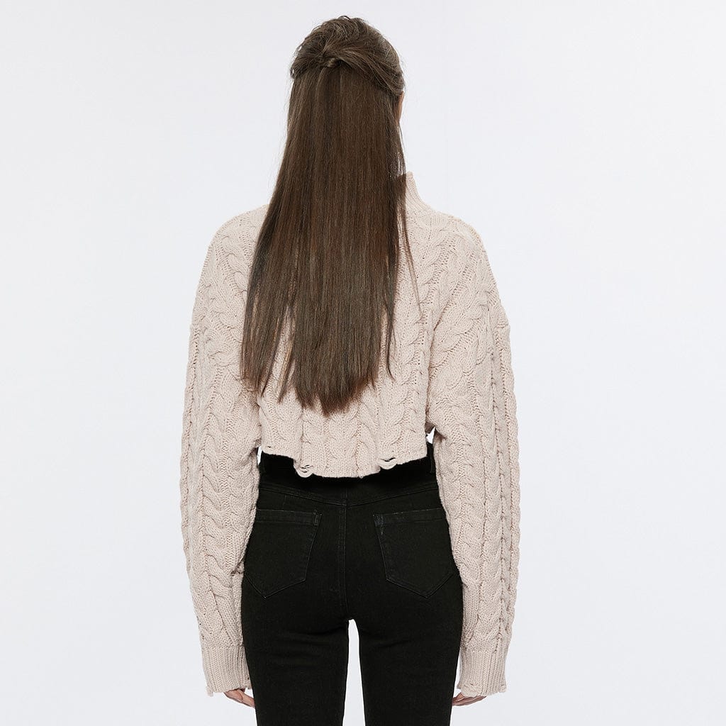 Women's Grunge Stand Collar Cable Knitted Short Sweater - Image 7