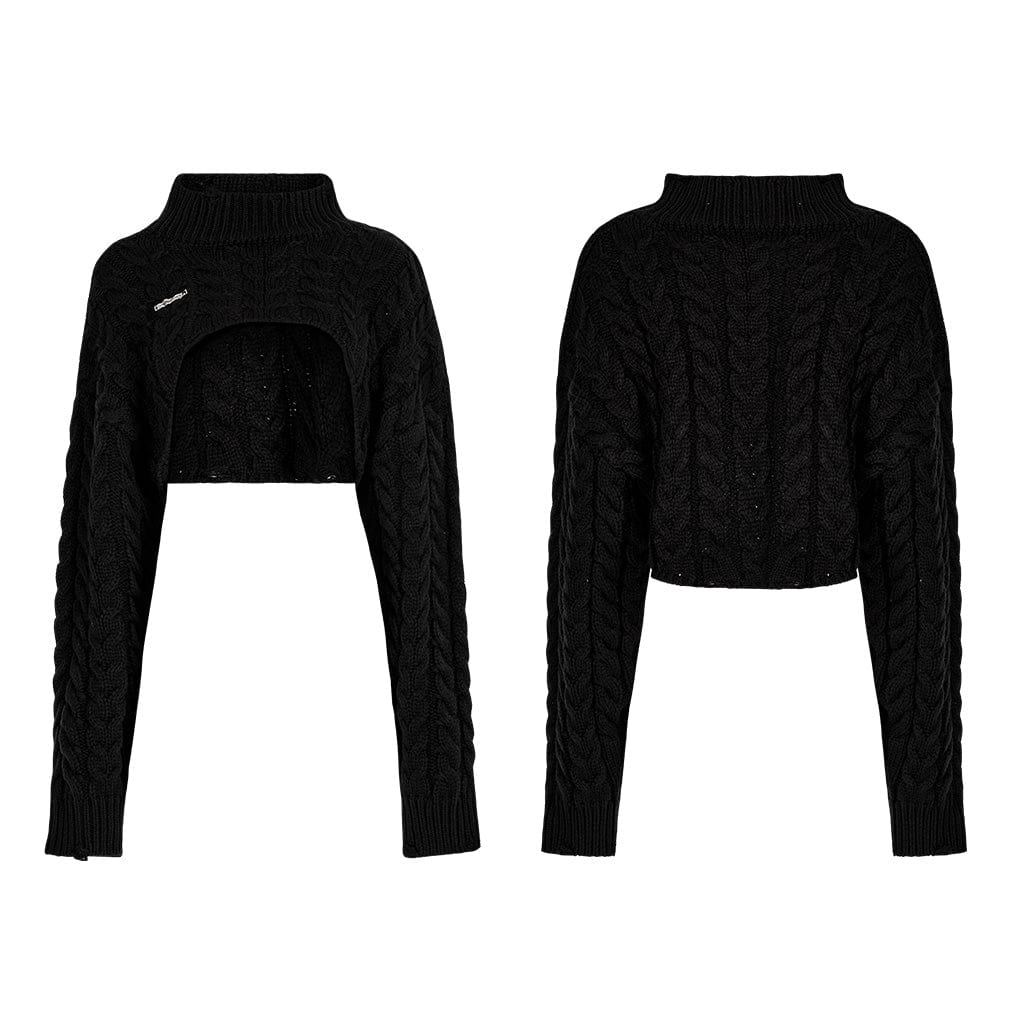 Women's Grunge Stand Collar Cable Knitted Short Sweater - Image 9