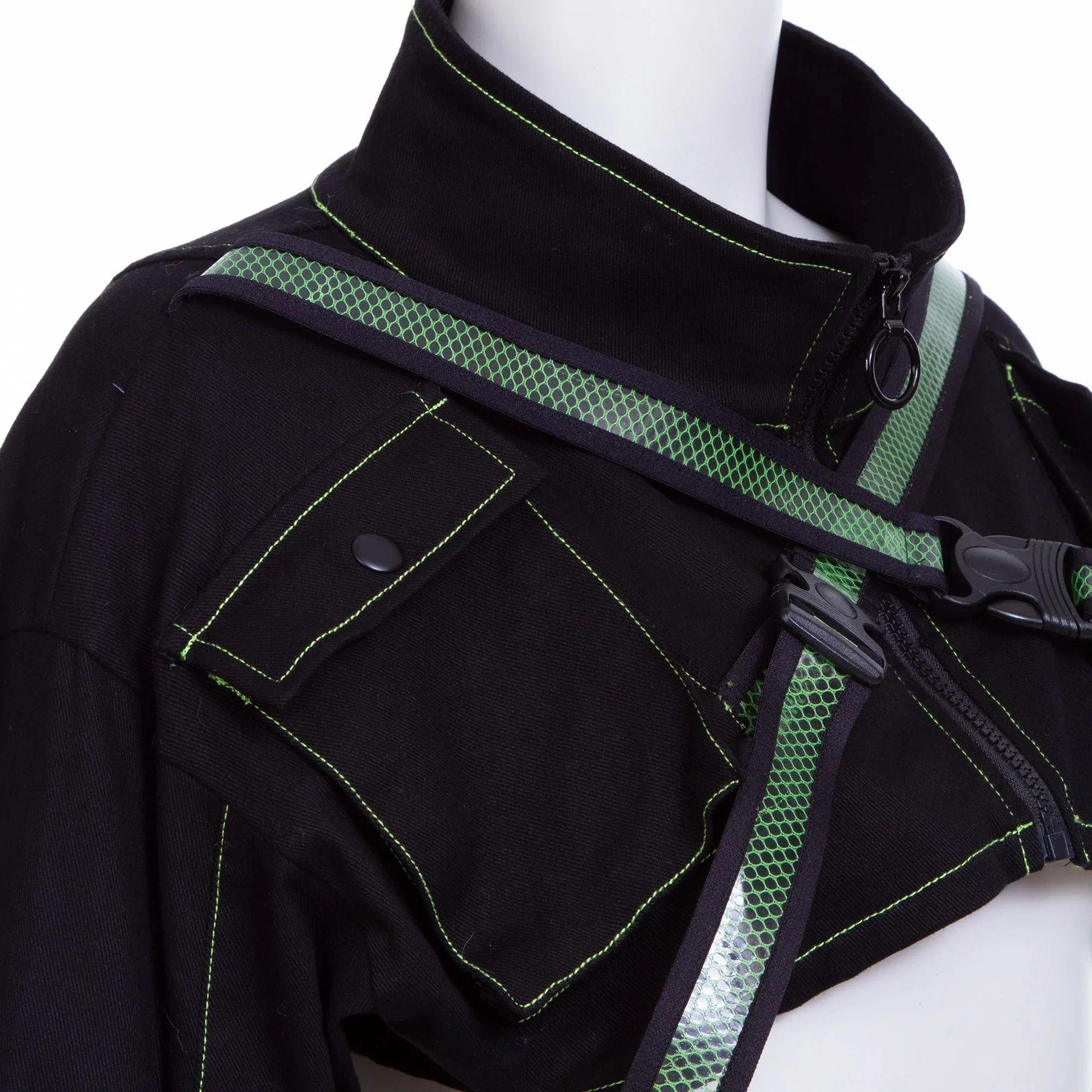 Women's Grunge Stand Collar Straps Short Jacket Green - Image 5