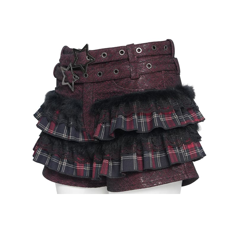 Women's Grunge Star Layered Plaid Falbala Shorts - Image 8