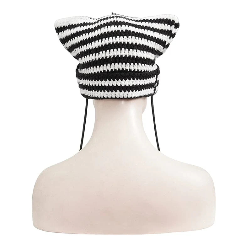 Women's Grunge Striped Pin Car Ears Beanie Black - Image 10