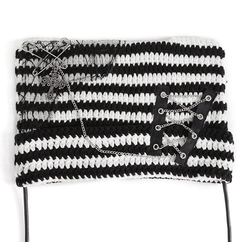 Women's Grunge Striped Pin Car Ears Beanie Black - Image 11